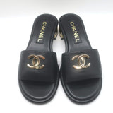 Chanel 23K CC Gold-Heel Slide Sandals Black Leather Size 37