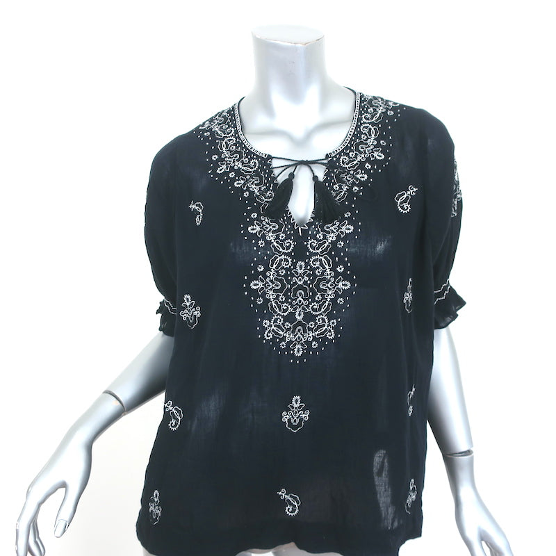 The Great Peasant Top Black Embroidered Cotton Size 2 Short Sleeve Blouse