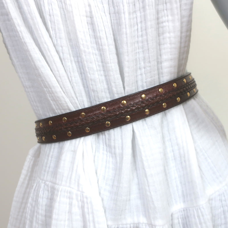 Michael Kors Belt Brown Studded &amp; Braided Leather Size Small