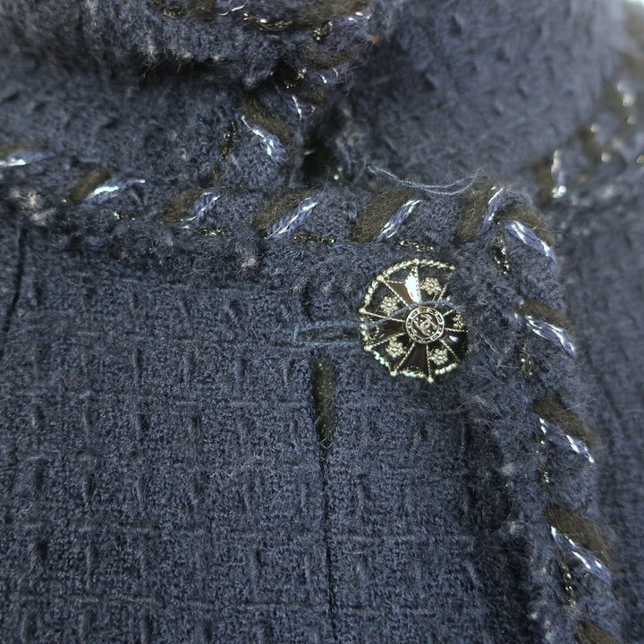 Authentic Chanel fringed metallic-trim tweed jacket in navy wool, pre-owned, size 40