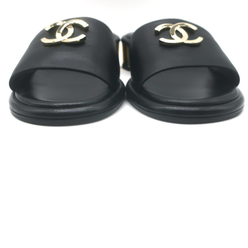 Chanel 23K CC Gold-Heel Slide Sandals Black Leather Size 37