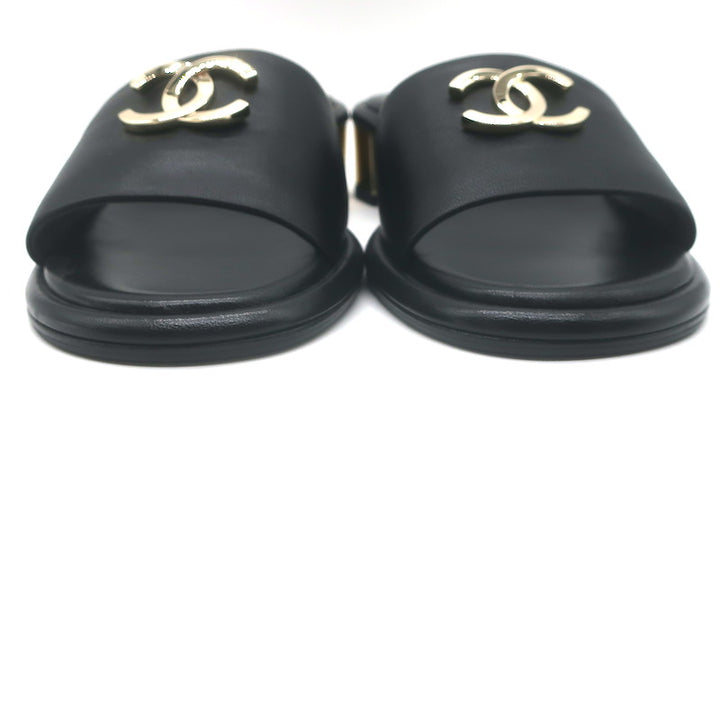 Chanel 23K CC Gold-Heel Slide Sandals Black Leather Size 37