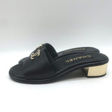 Chanel 23K CC Gold-Heel Slide Sandals Black Leather Size 37