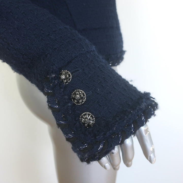 Chanel fringed metallic-trim tweed jacket, navy wool with CC star buttons, authentic pre-owned, size 40