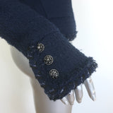 Chanel fringed metallic-trim tweed jacket, navy wool with CC star buttons, authentic pre-owned, size 40