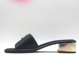Chanel 23K CC Gold-Heel Slide Sandals Black Leather Size 37