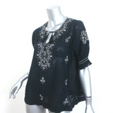 THE GREAT Peasant Top Black Embroidered Cotton Size 2 Short Sleeve Blouse