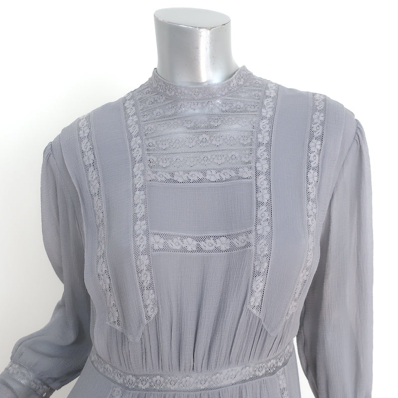 Burberry Midi Dress Gray Lace-Trimmed Crinkled Silk Size US 6