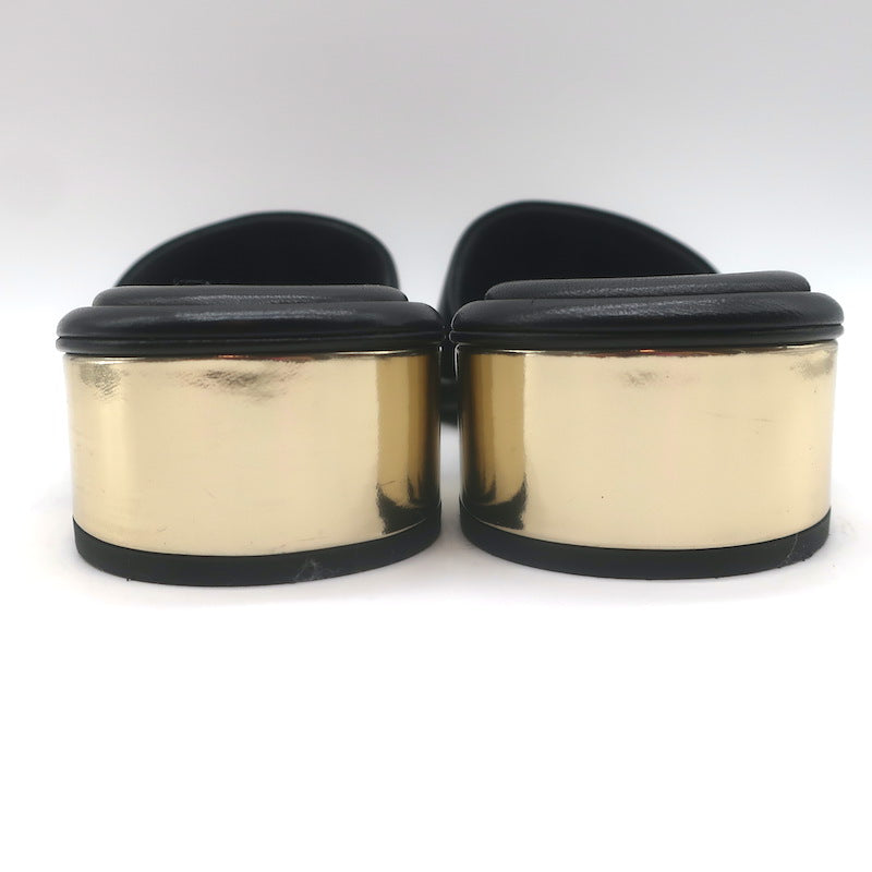 Chanel 23K CC Gold-Heel Slide Sandals Black Leather Size 37