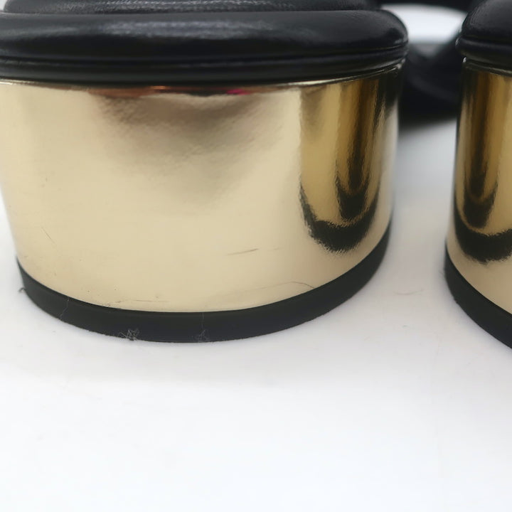 Chanel 23K CC Gold-Heel Slide Sandals Black Leather Size 37