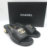 Chanel 23K CC Gold-Heel Slide Sandals Black Leather Size 37
