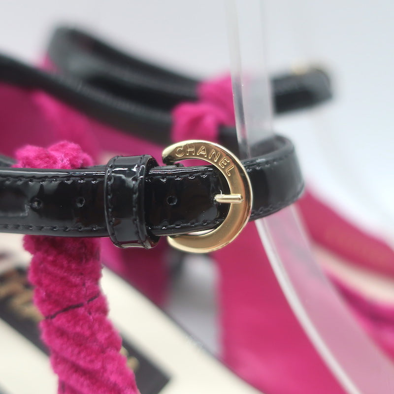 Chanel CC Patent Cap Toe Corduroy Mary Jane Pumps Fuchsia &amp; Black Size 37.5 NEW