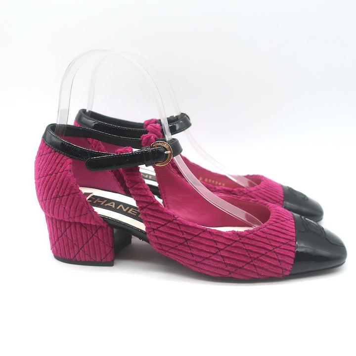 Chanel CC Patent Cap Toe Corduroy Mary Jane Pumps Fuchsia &amp; Black Size 37.5 NEW