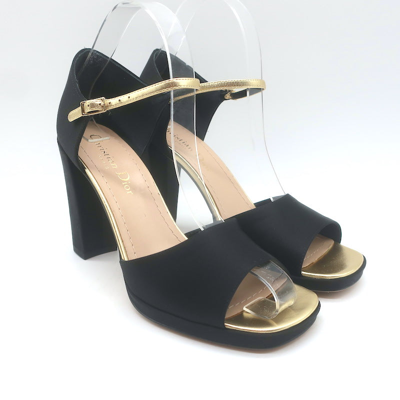 Christian Dior Illusion Sandals Black Satin &amp; Gold Leather Size 37.5 NEW
