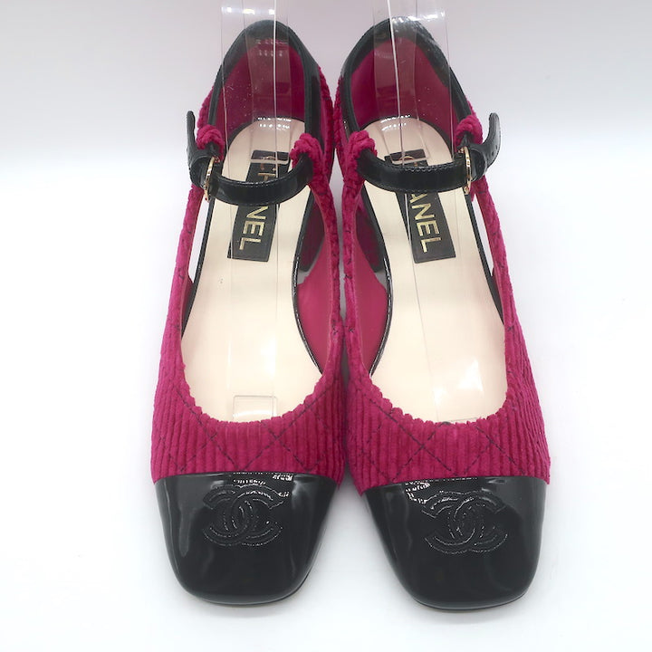 Chanel CC Patent Cap Toe Corduroy Mary Jane Pumps Fuchsia &amp; Black Size 37.5 NEW