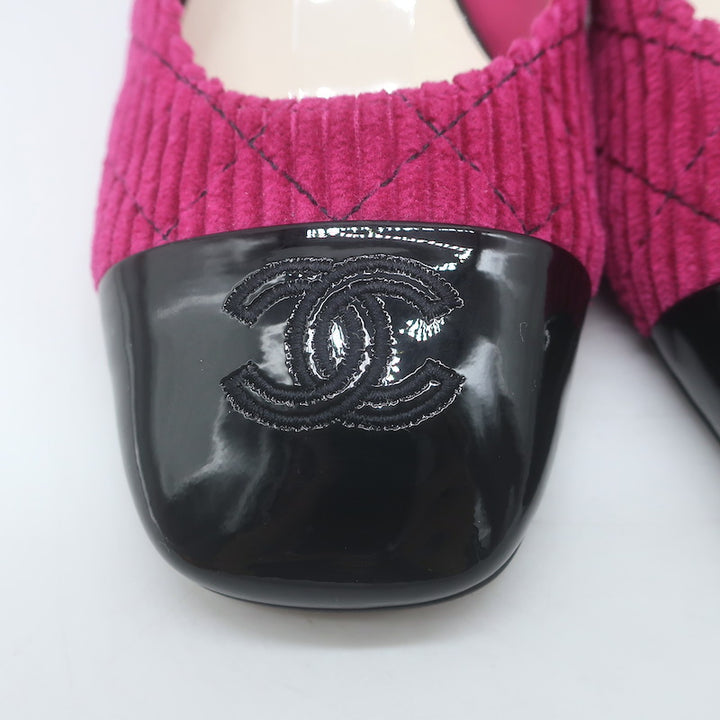 Chanel CC Patent Cap Toe Corduroy Mary Jane Pumps Fuchsia &amp; Black Size 37.5 NEW
