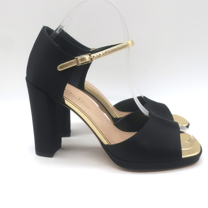 Christian Dior Illusion Sandals Black Satin &amp; Gold Leather Size 37.5 NEW
