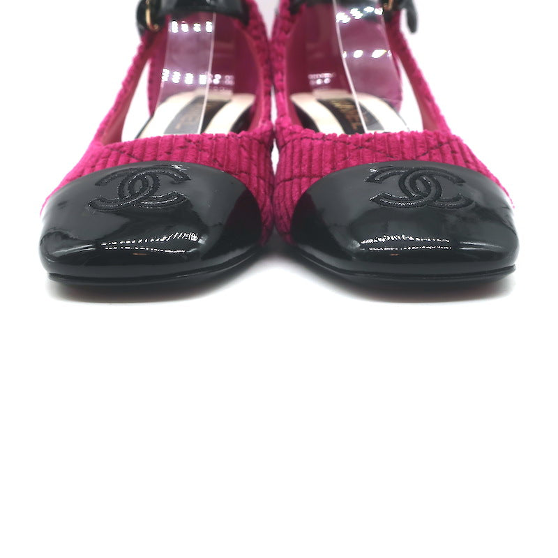 Chanel CC Patent Cap Toe Corduroy Mary Jane Pumps Fuchsia &amp; Black Size 37.5 NEW