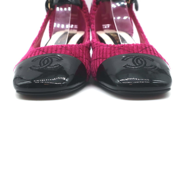 Chanel CC Patent Cap Toe Corduroy Mary Jane Pumps Fuchsia &amp; Black Size 37.5 NEW