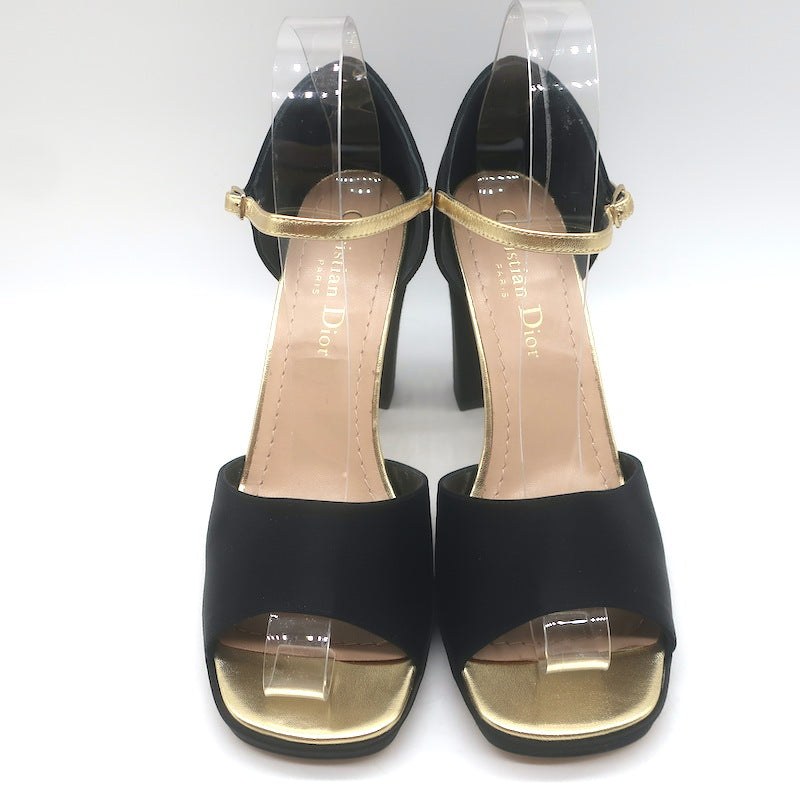 Christian Dior Illusion Sandals Black Satin &amp; Gold Leather Size 37.5 NEW