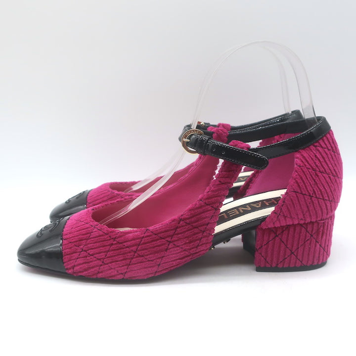 Chanel CC Patent Cap Toe Corduroy Mary Jane Pumps Fuchsia &amp; Black Size 37.5 NEW