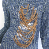Loewe chain-embellished distressed knit sweater in blue melange (hemp-linen blend), pre-owned, gently worn luxury piece