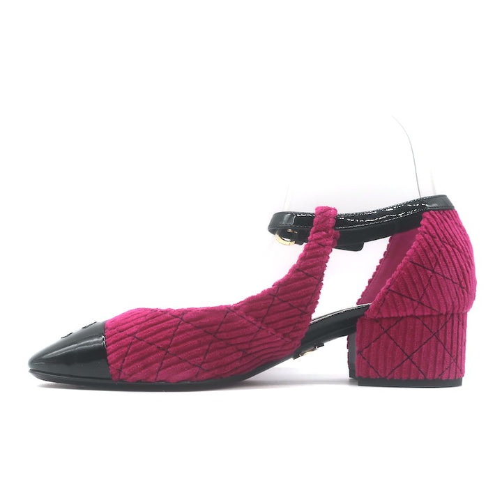 Chanel CC Patent Cap Toe Corduroy Mary Jane Pumps Fuchsia &amp; Black Size 37.5 NEW