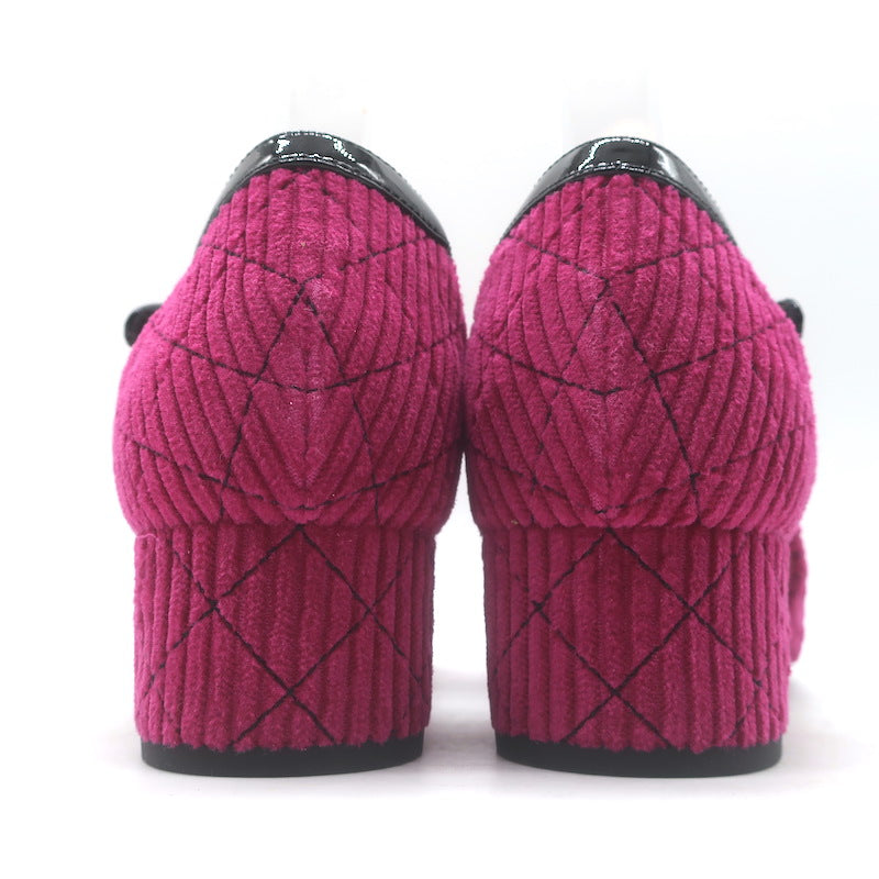 Chanel CC Patent Cap Toe Corduroy Mary Jane Pumps Fuchsia &amp; Black Size 37.5 NEW