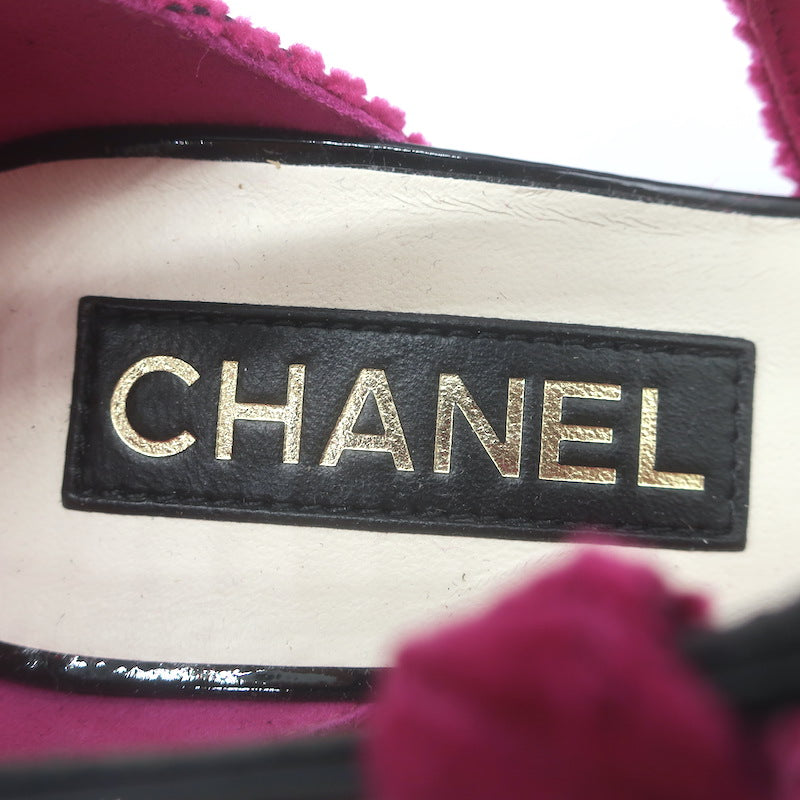 Chanel CC Patent Cap Toe Corduroy Mary Jane Pumps Fuchsia &amp; Black Size 37.5 NEW