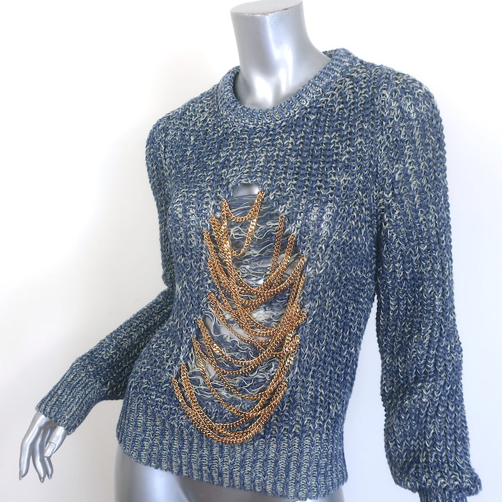 Loewe chain-embellished distressed knit sweater in blue melange, hemp-linen blend — pre-owned, authentic luxury