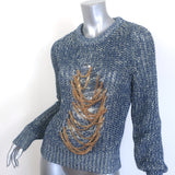 Loewe chain-embellished distressed knit sweater in blue melange, hemp-linen blend — pre-owned, authentic luxury