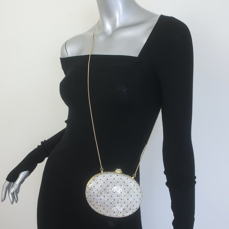 Judith Leiber Polka Dot Swarovski Crystal Round Minaudiere Clutch Silver/Gold