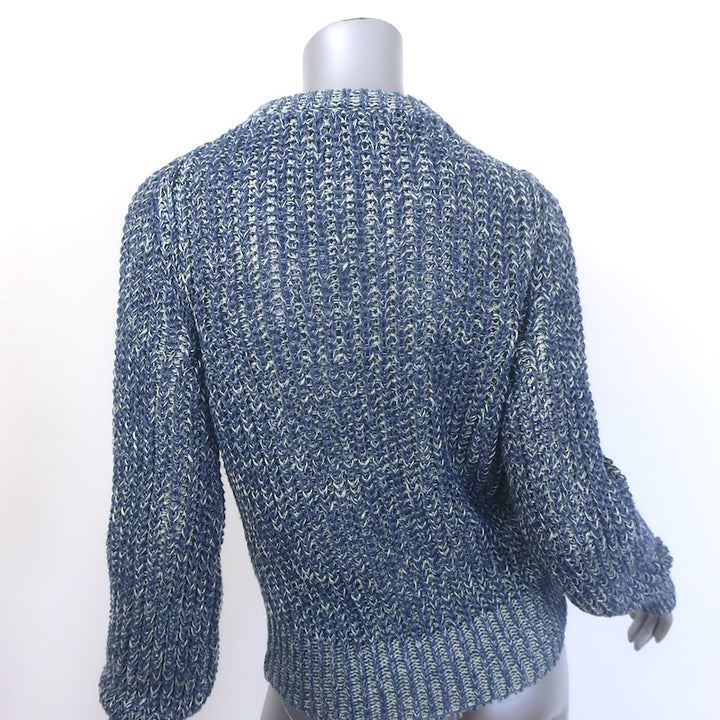 Authentic Loewe chain-embellished distressed knit sweater in blue melange, hemp-linen blend, pre-owned