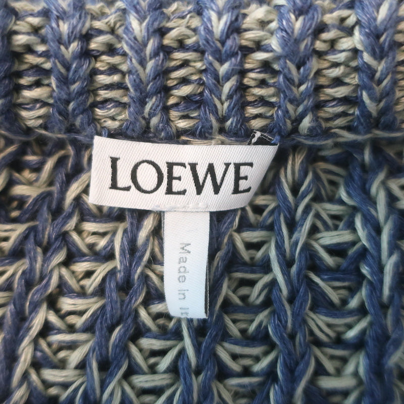 Loewe chain-embellished distressed knit sweater, blue melange hemp-linen blend — pre-owned luxury, gently worn