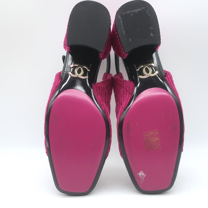 Chanel CC Patent Cap Toe Corduroy Mary Jane Pumps Fuchsia &amp; Black Size 37.5 NEW