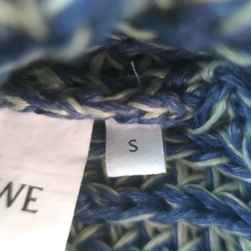Loewe chain-embellished distressed knit sweater in blue melange, hemp-linen blend, pre-owned, gently worn luxury piece