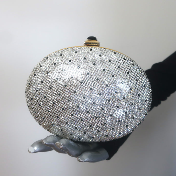 Judith Leiber Polka Dot Swarovski Crystal Round Minaudiere Clutch Silver/Gold