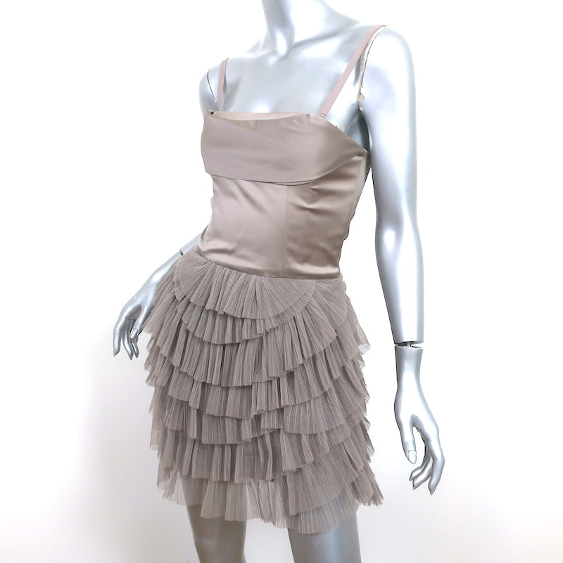 BCBGMAXAZRIA Mini Dress Jacquier Hazelnut Satin &amp; Tiered Tulle Size 0 NEW