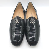 Chanel CC Smoking Slippers Black Patent Leather Size 38.5 Slip-On Loafers