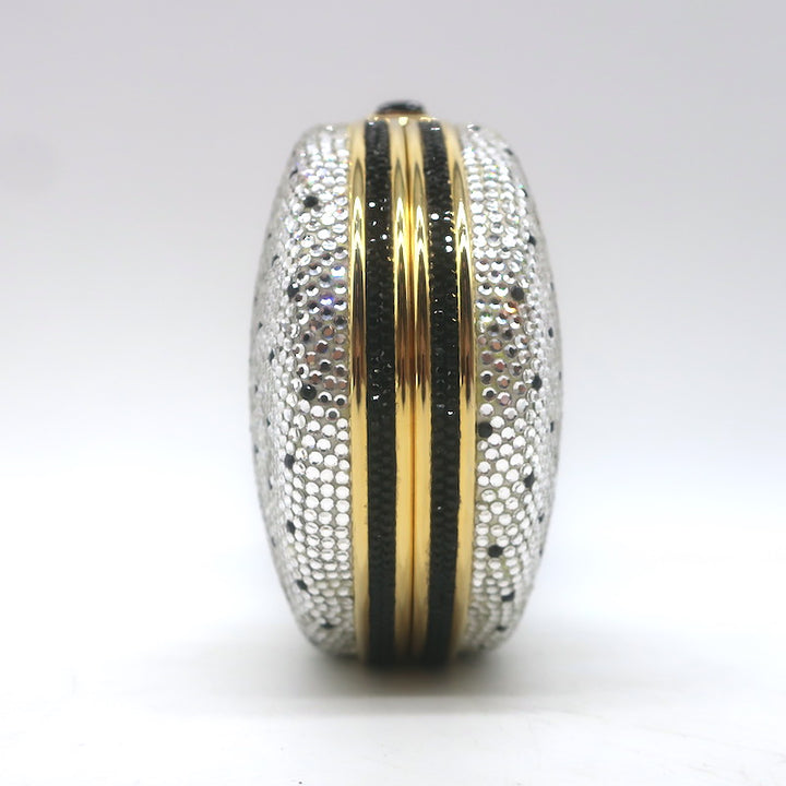 Judith Leiber Polka Dot Swarovski Crystal Round Minaudiere Clutch Silver/Gold