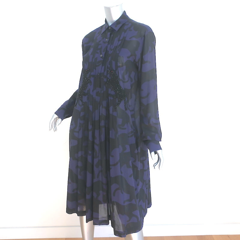 Dries Van Noten Beaded Panther Shirtdress Purple/Black Camouflage Cotton Size 34