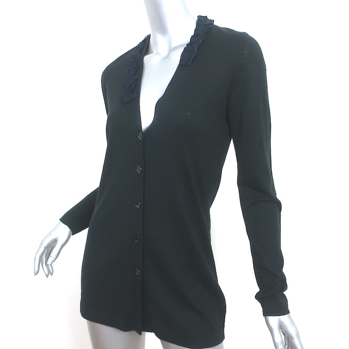 BOSS Hugo Boss Ruffle-Trim Cardigan Black Cashmere-Silk Size Extra Small