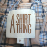 A Shirt Thing Stella Ruffle Neck Blouse Beige Plaid Size Medium Short Sleeve Top