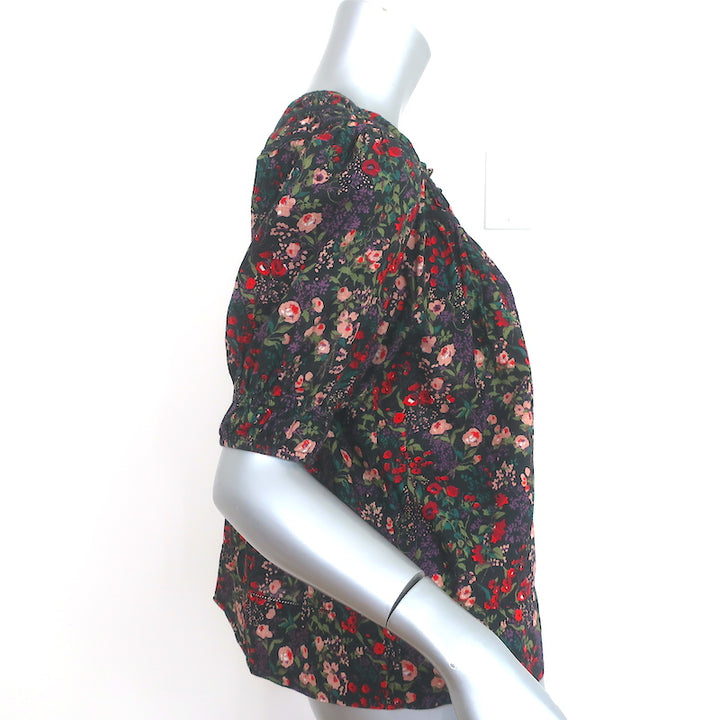 THE GREAT Smocked Top Black/Multi Floral Print Cotton Size 0 Short Sleeve Blouse