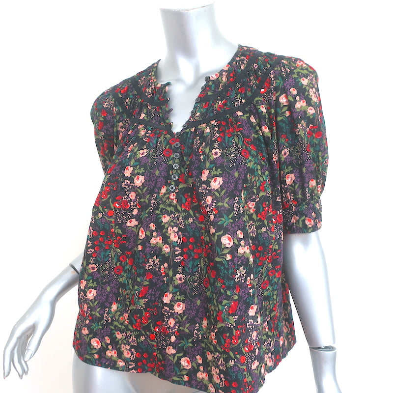 THE GREAT Smocked Top Black/Multi Floral Print Cotton Size 0 Short Sleeve Blouse