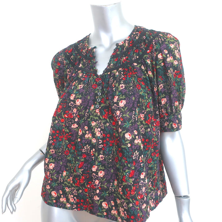 THE GREAT Smocked Top Black/Multi Floral Print Cotton Size 0 Short Sleeve Blouse