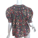 THE GREAT Smocked Top Black/Multi Floral Print Cotton Size 0 Short Sleeve Blouse