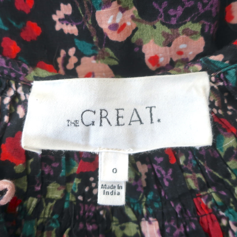 THE GREAT Smocked Top Black/Multi Floral Print Cotton Size 0 Short Sleeve Blouse