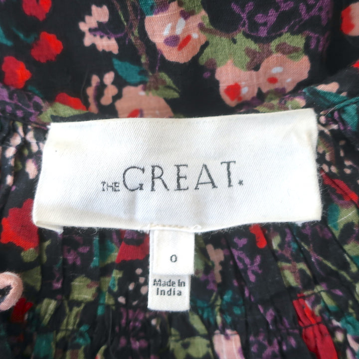THE GREAT Smocked Top Black/Multi Floral Print Cotton Size 0 Short Sleeve Blouse