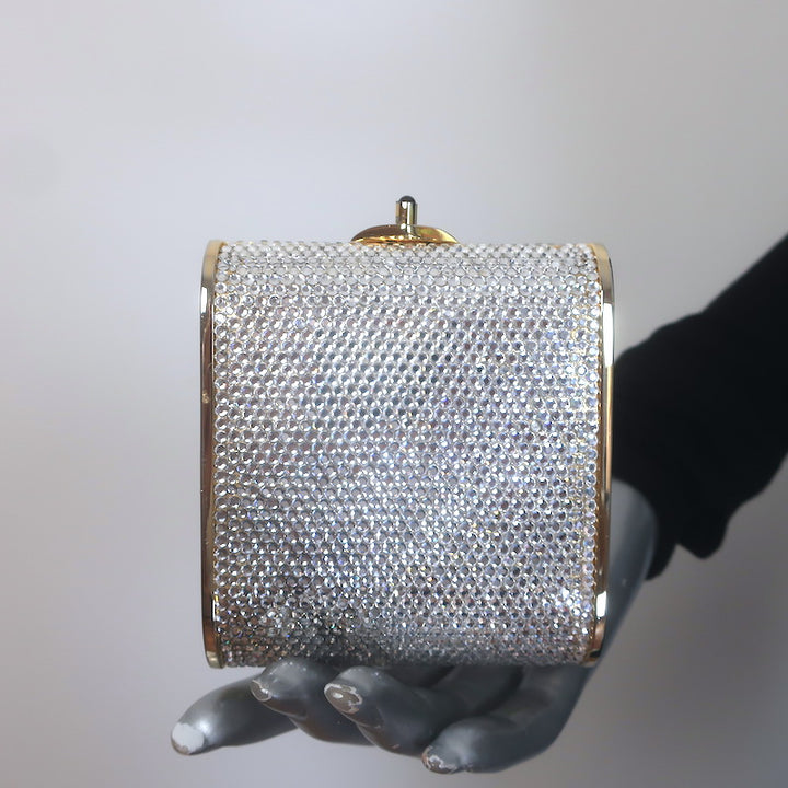 Judith Leiber Swarovski Crystal Minaudiere Mini Box Clutch Silver/Gold
